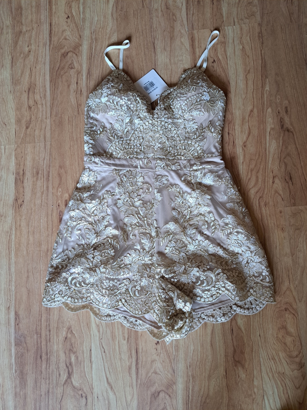 Selfie Leslie Champagne Satin Romper with Gold Lace Overlay